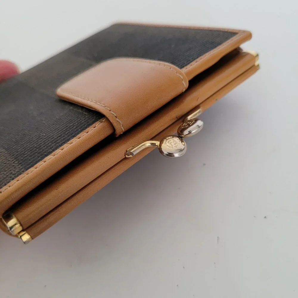 Fendi Vintage Pequin Stripe Bifold Wallet Kiss Lock Leather Trim 2292-30782-038